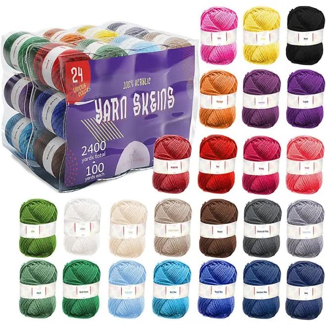 12/24 Pack Acrylic Yarn Skeins - Soft Crochet Yarn for Crocheting, Knitting & Crafts - Multicolored Craft Yarn Spools for Adults and Kids