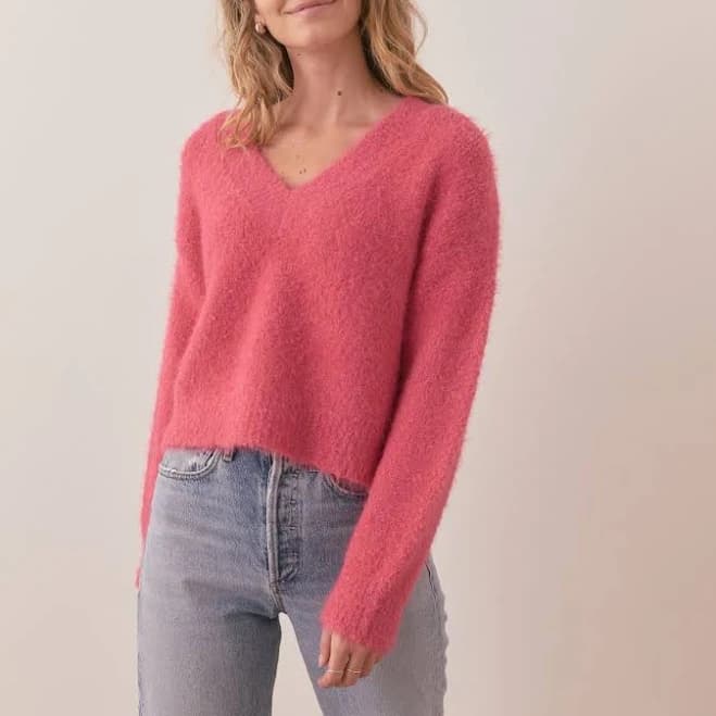 Marine Layer Women's Teddy Eyelash V-Neck T-Shirt Sweater