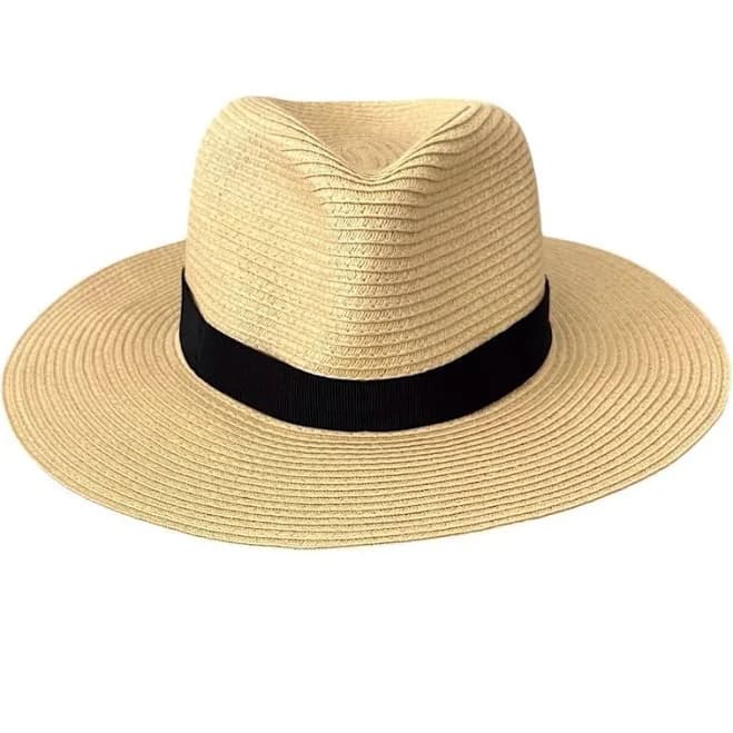 J Crew Packable Straw Fedora Hat Beige Black Ribbon Coastal Preppy
