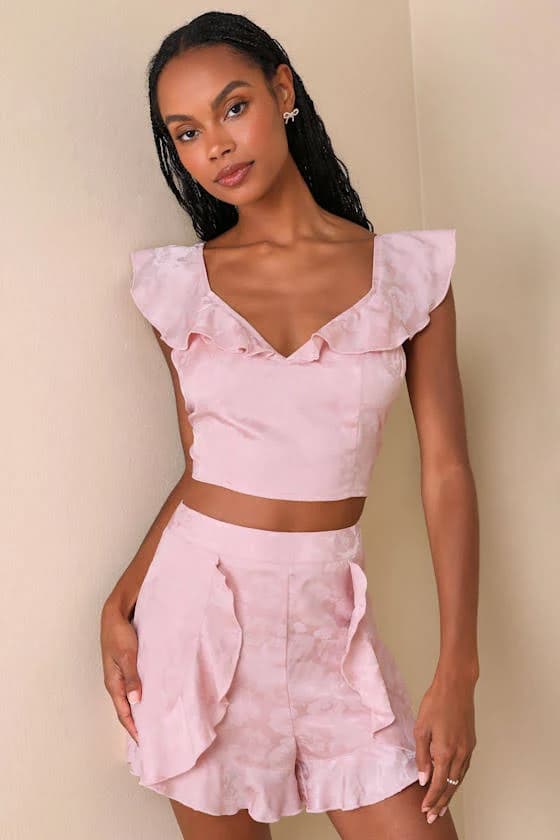 Lulus Satin Jacquard Ruffled Shorts