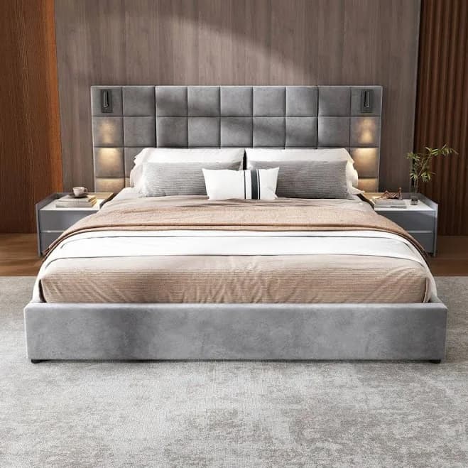 Gray Wood Queen Velvet Upholstered Platform Bed with Large Luxuriously Padded Headboard, Reading Lamp,