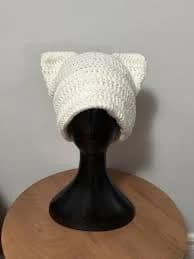 White Cat Ear Beanie Hat Handmade Unisex Crochet Knit Hat for Men, Women and teens Everyday Gift idea Kawaii edgy Goth esthetic