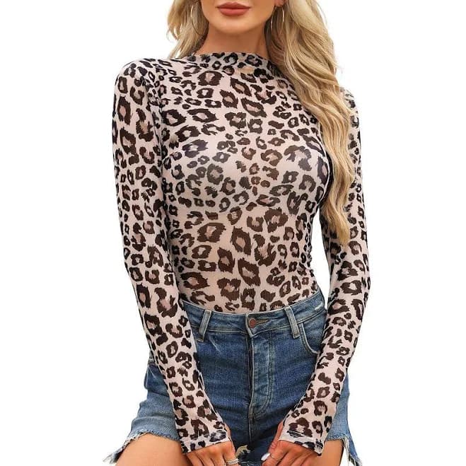 Women's Mesh Tops Leopard Print Long Sleeve Mock Neck Fitted Shirts See Through Sheer Blouses, Size: XS