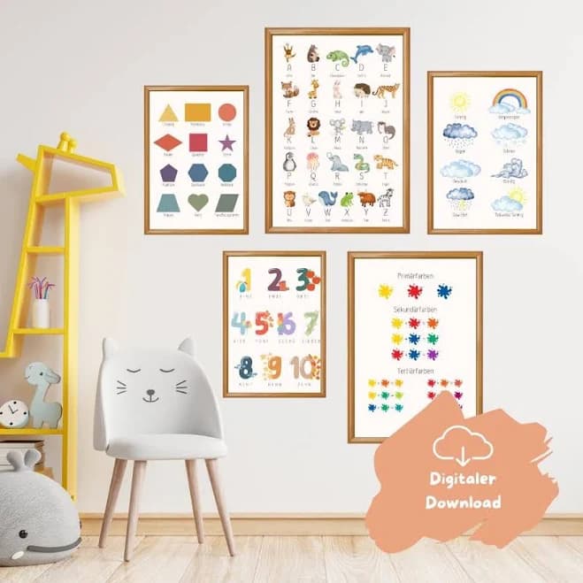 Educational Poster Set for Children, Posters: Numbers, Colors, Shapes, ABCs, Weather, Preschool, Kindergarten, Back to School, Christmas Gift, Playroo