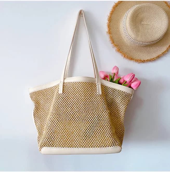 Elena Straw Woven Tote Bag with Leather Trims