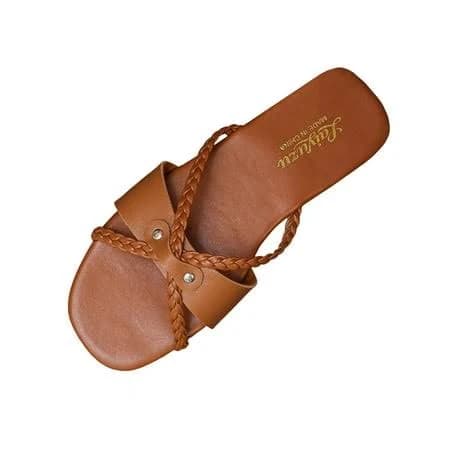 SYMSHOES Brown Braided Slide Sandals for Women Comfortable Flat Ankle Strap Sandals