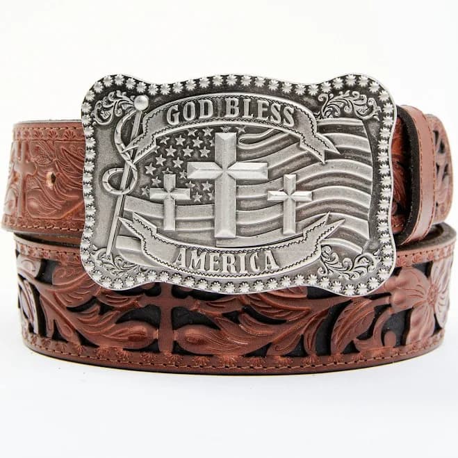 Cody James Men's God Bless America Cross Buckle Leather Belt