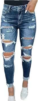 Women's Boyfriend Jeans Distressed Slim Fit Ripped Denim Pants Comfy Stretch Skinny Jeans Trousers (Small,Blue 1) at Amazon Women's Jeans store