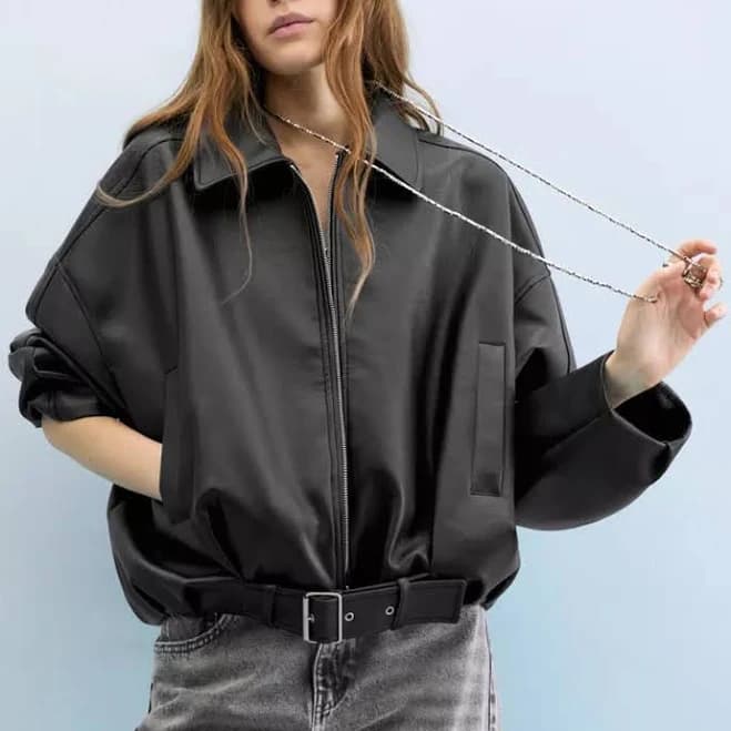 Oversized Faux Leather Bomber Jacket with Belt