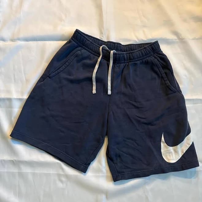 Nike Navy Blue Athletic Shorts with White Logo, Size Small