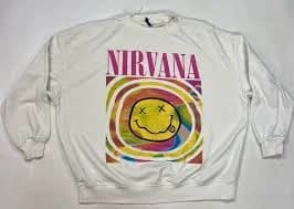 Nirvana Happy Face Graphic Crewneck Sweatshirt Women Large Oversized White Music