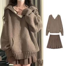 Malrowe - Plain Hooded Oversized Sweater / High Waist Pleated Mini A-Line Skirt | YesStyle