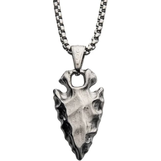 Tribu Brushed Steel Chiseled Arrowhead Pendant with Box Chain