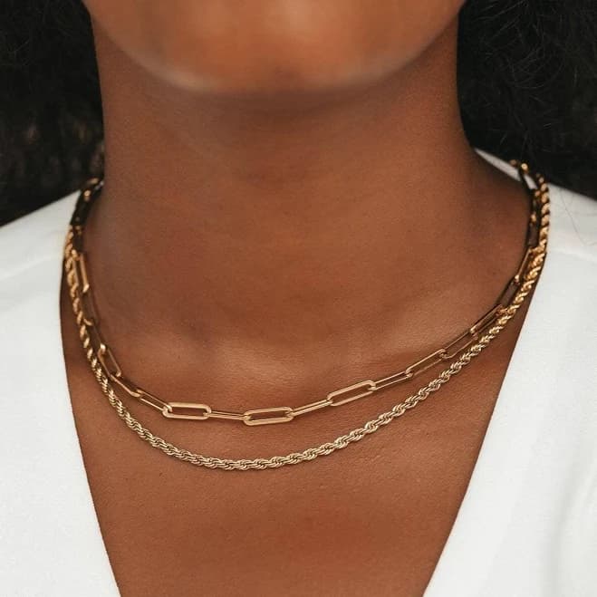 Minimalist Paperclip Link and Rope Chain Choker Necklace Set of 2