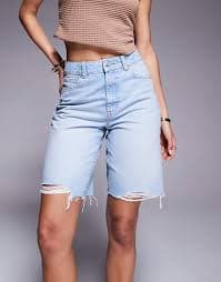 ASOS DESIGN denim bermuda shorts with rips in pale wash | ASOS