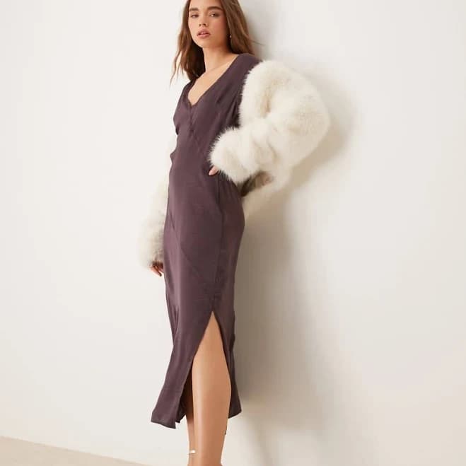 ASOS V-Neck Satin Midi Dress with Raw Seaming
