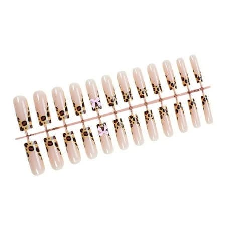 24x French Tip Full Cover False Nail Leopard Print Press On Nail 3D Bows Stick On Nail Artificial Acrylic Nail