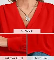Women's Business Casual Tops Summer Long Sleeve Button Down Shirts V Neck Chiffon Blouses, A-red, L: Buy Online at Best Price in UAE - Amazon.ae