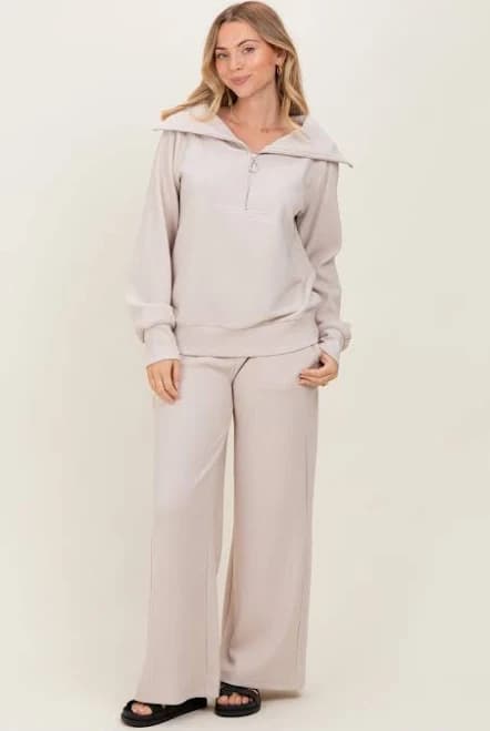 Zenana Outfitters Ribbed Half Zip Pullover Wide Leg Pant Set
