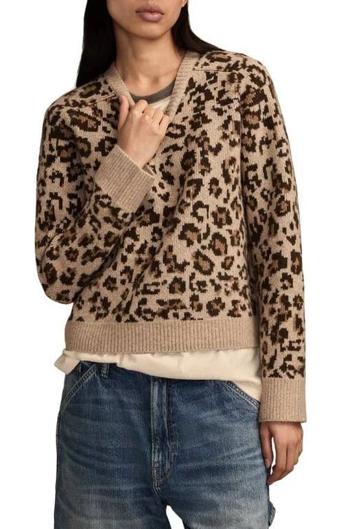 Lucky Brand Women's Leopard Print Long Sleeve Crewneck Sweater