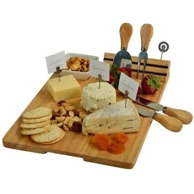 Picnic at Ascot Hardwood Charcuteris Board with Cheese Knife Set and Ceramic Dish
