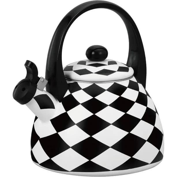 MACKENZIE-CHILDS Enamel Whistling Tea Kettle, Decorative Teapot for Stovetop, Black-and-White Courtly Check
