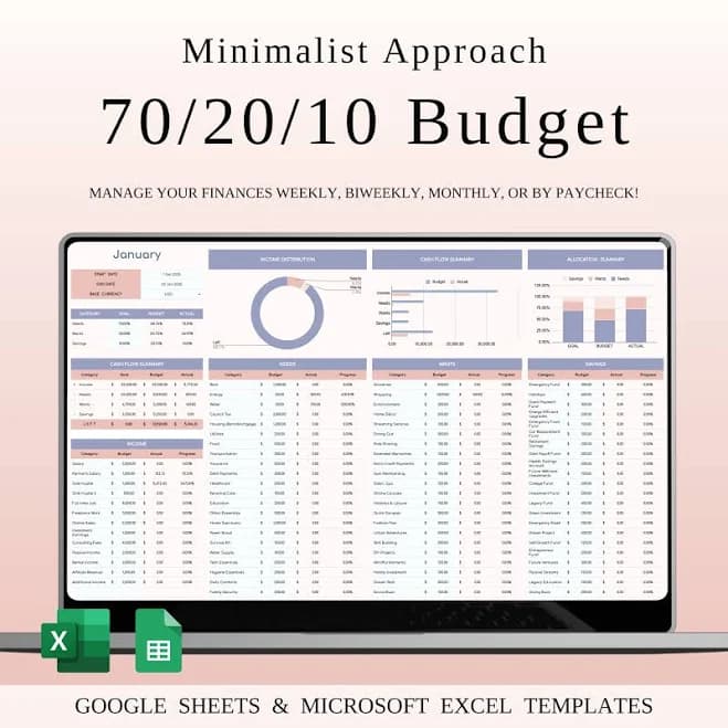 70/20/10 Budget Spreadsheet Template | Excel & Google Sheets
