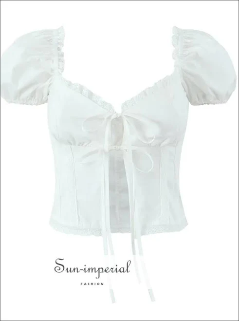 Sun-imperial Embroidered Lace Puff Sleeve Crop Top