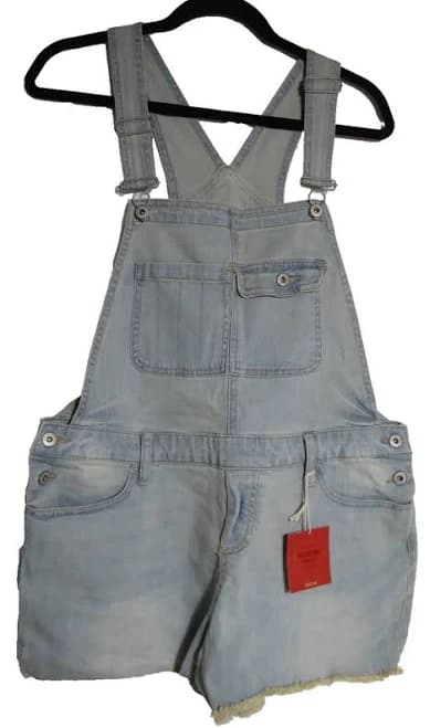 Mossimo Light Wash Denim Overall Shorts Shortalls Size L Large Raw Hem
