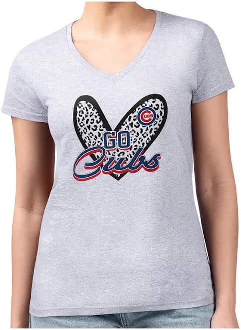 Chicago Cubs Women's Leopard Heart Fitted V-Neck T-Shirt