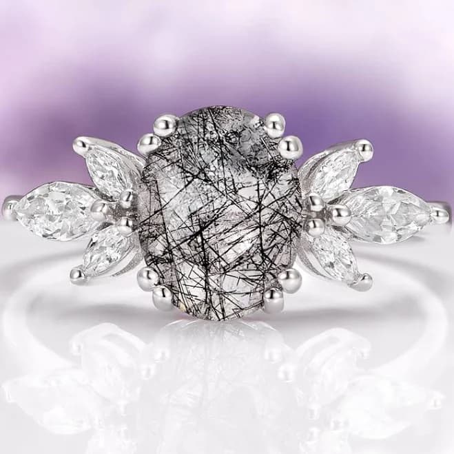 925 Sterling Silver Black Rutilated Quartz Gothic Engagement Ring