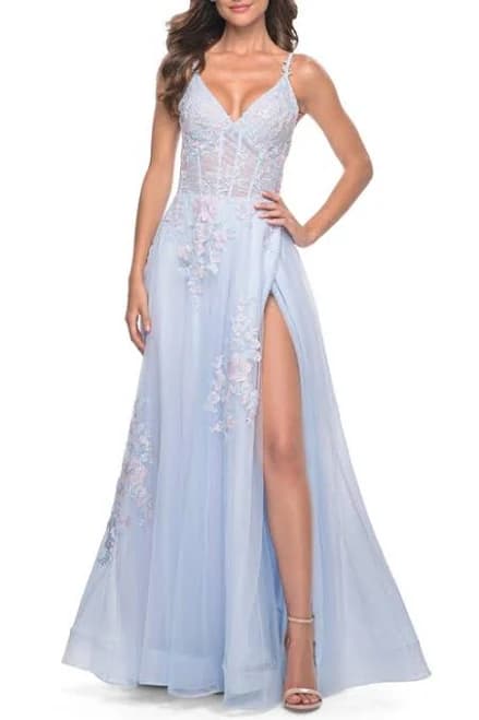 La Femme Women's A-Line Tulle Prom Dress with Scattered Lace Applique