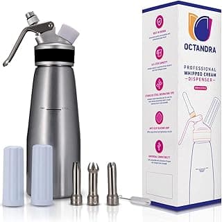 OCTANDRA Professional Whipped Cream Dispenser – 1 Pint Aluminum Whipper Canister - Whipping Siphon - Whip Cream Maker with 3 Stainless Steel Tips, 2 Charger Holders, Brush & Storage Cap