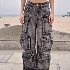 Distressed straight cargo denim trousers Available... | Depop
