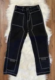 Liquid Lagoon Men's Skater Wide Leg Rigid Work Jeans Black + White Stitch 30x28