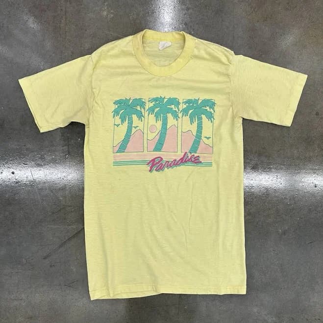 Vintage 80s Paradise Palm Trees Retro Yellow T Shirt S/m Stained