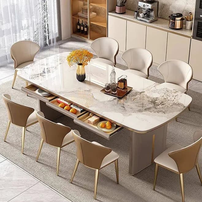 Glam White Stone Rectangle Dining Table with Gold Steel Double Pedestal Base