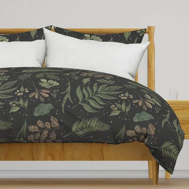 Moody Botanical Bedding - Dark Botanical Leaves by thestorysmith - Jumbo Garden Woodland Garden Cotton Sateen Duvet Cover OR Pillow Shams