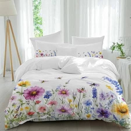 Blue Purple Yellow Floral 4 Piece Duvet Cover Set Full Size Bee Wildflower Soft Bedding Set Comforter Cover, 1 Duvet Cover 1 Flat Sheets and 2