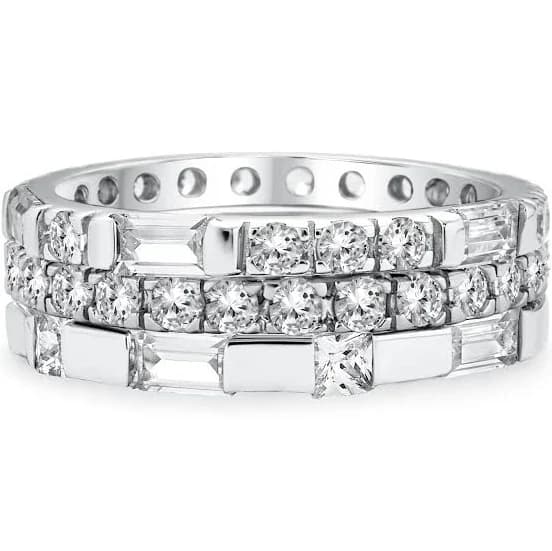 Bling Jewelry Geometric CZ Round Baguette Stackable Eternity Band Ring Set Sterling Silver