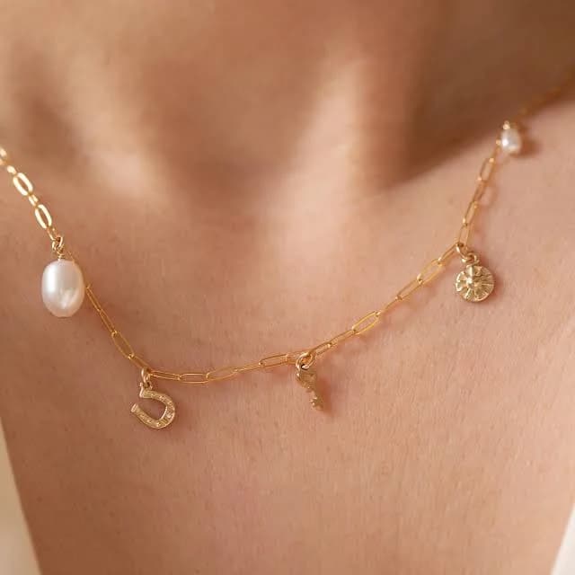 14K Solid Gold Dainty Paper Clip Chain Mini Charm Necklace