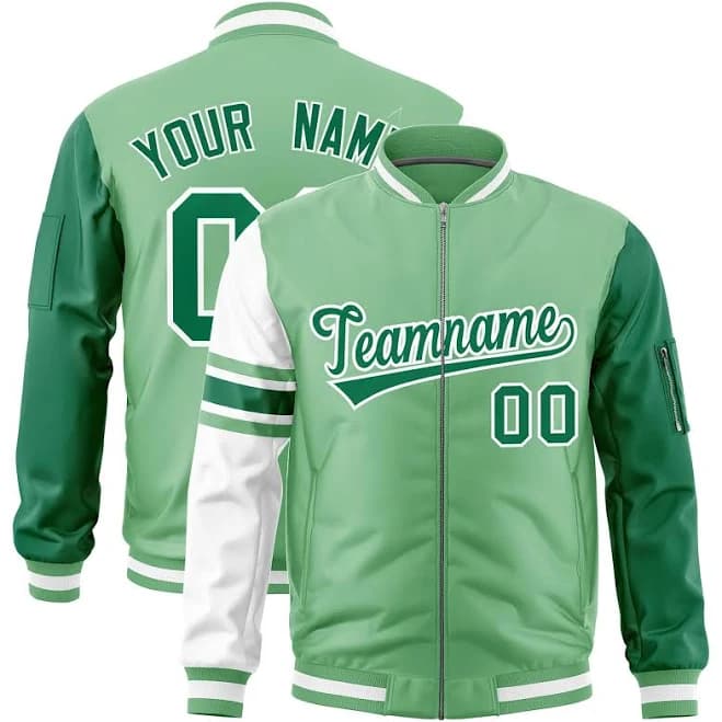 Custom Light Green Kelly Green-White Varsity Full-Zip Raglan Sleeves Stripe Letterman Bomber Jacket, Style 1