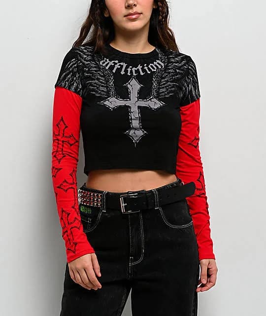 Affliction Criss Cross 2fer Long Sleeve Crop T-Shirt