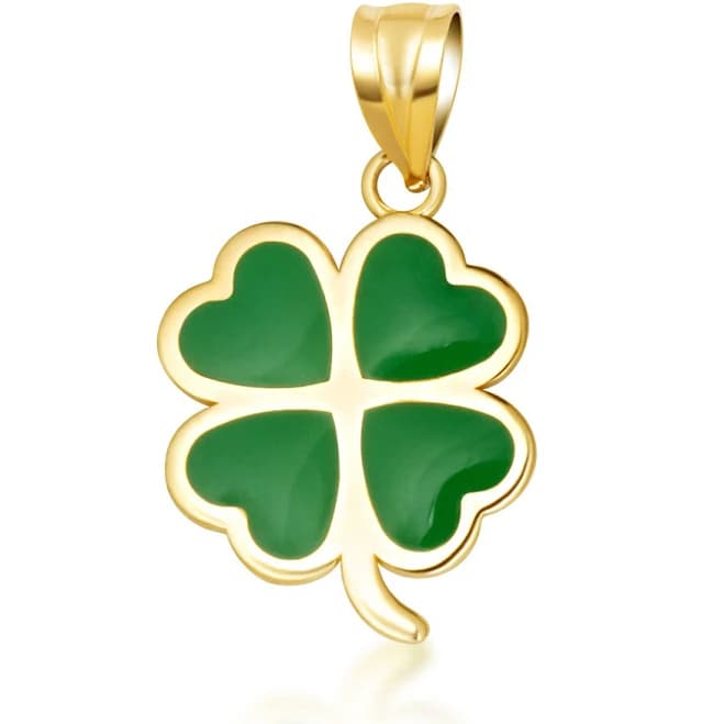 Gold Green Enamel Lucky 4 Leaf Clover Heart Pendant Necklace