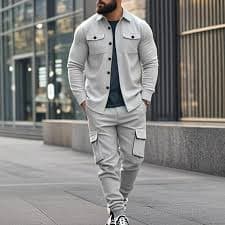 Men Fall Fleece 2 Piece Outfit Long Sleeve Button Down Shirt Wide Leg Cargo Pants Set With Pockets Solid Loungewear Sweatsuits (L, GY2) - Walmart.com