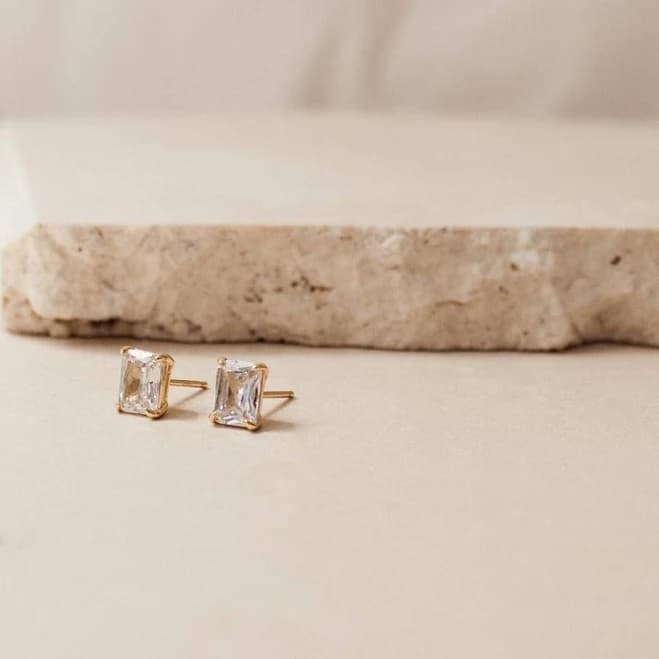 Caitlyn Minimalist Dainty Emerald Cut Diamond Stud Earrings in 18K Gold