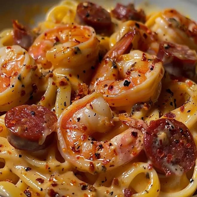 Downloadable Spaghetti with Pepper Cream, Chorizo & Shrimp Recipe - Bold and Flavorful Pasta Dish