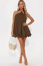 Jorja Poplin Bubble Mini Dress - Chocolate | Fashion Nova