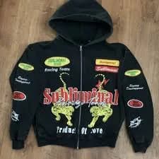 PacSun Subliminal Racing Team Graphic Print Full Zip Hooded Black Men's Hoodie