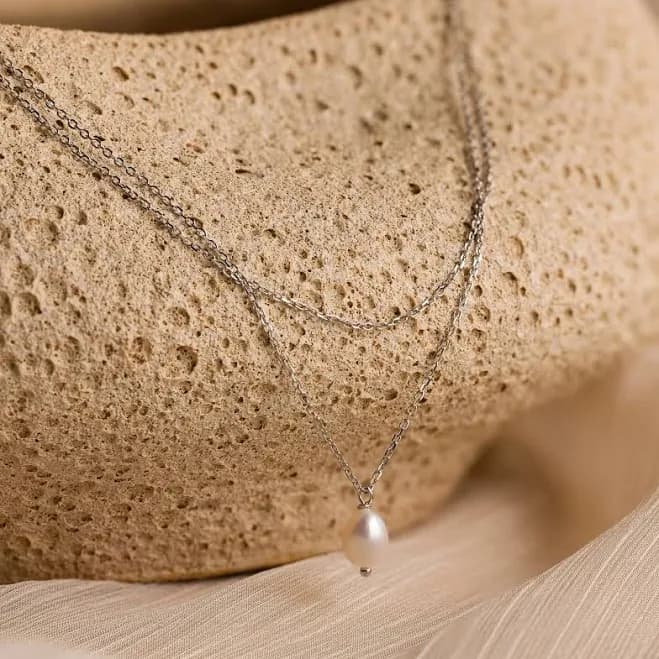 Caitlyn Minimalist Dainty Duo Chain Layered Pearl Necklace